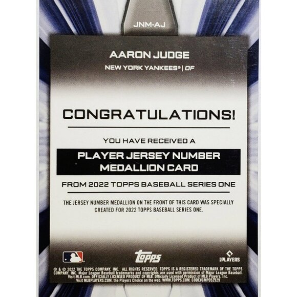 AARON JUDGE "99" JERSEY NUMBER MEDALLION 2022 TOPPS #JNM-AJ, YANKEES, MVP! - Picture 2 of 3
